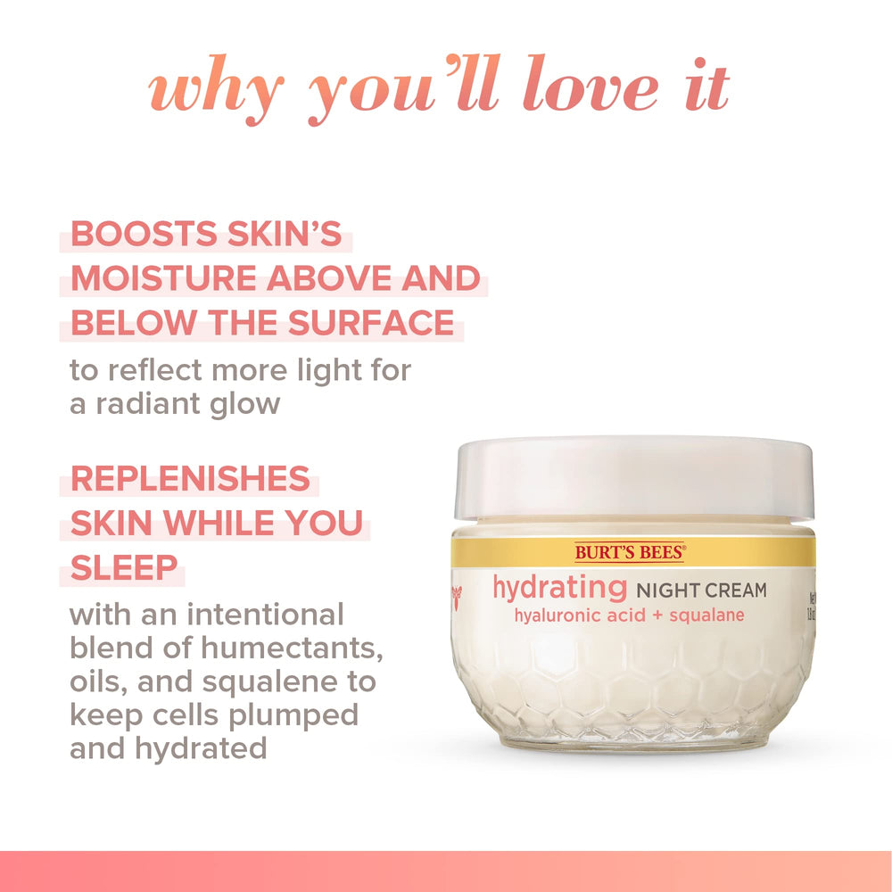 Burt's Bees Truly Glowing Night Cream aplicación nocturna para despertar con piel calmada.