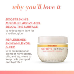 Burt's Bees Truly Glowing Night Cream aplicación nocturna para despertar con piel calmada.