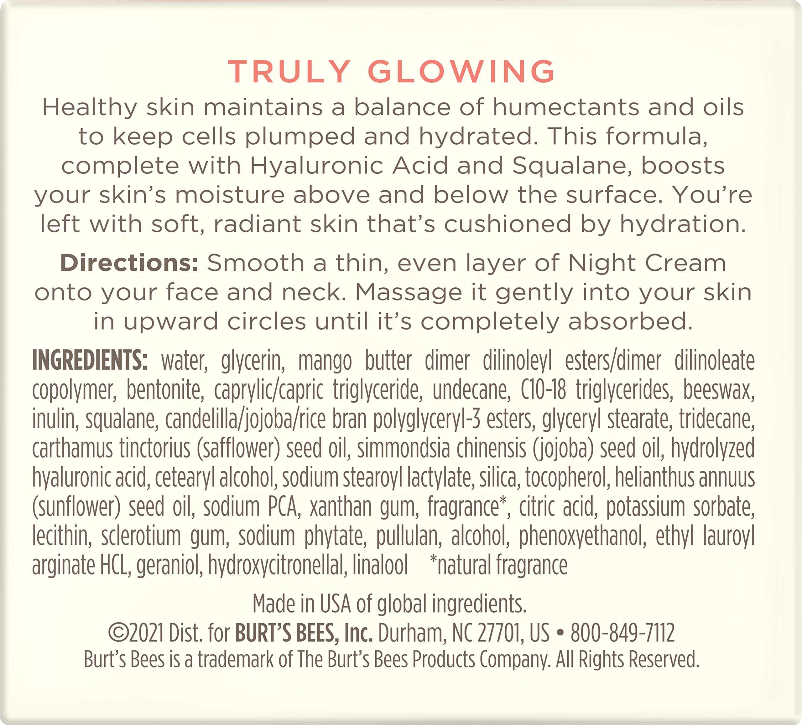 Envase de Burt's Bees Crema de Noche 1-8 onzas para rutina nocturna.