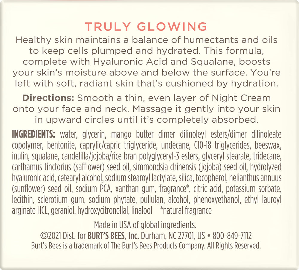 Envase de Burt's Bees Crema de Noche 1-8 onzas para rutina nocturna.