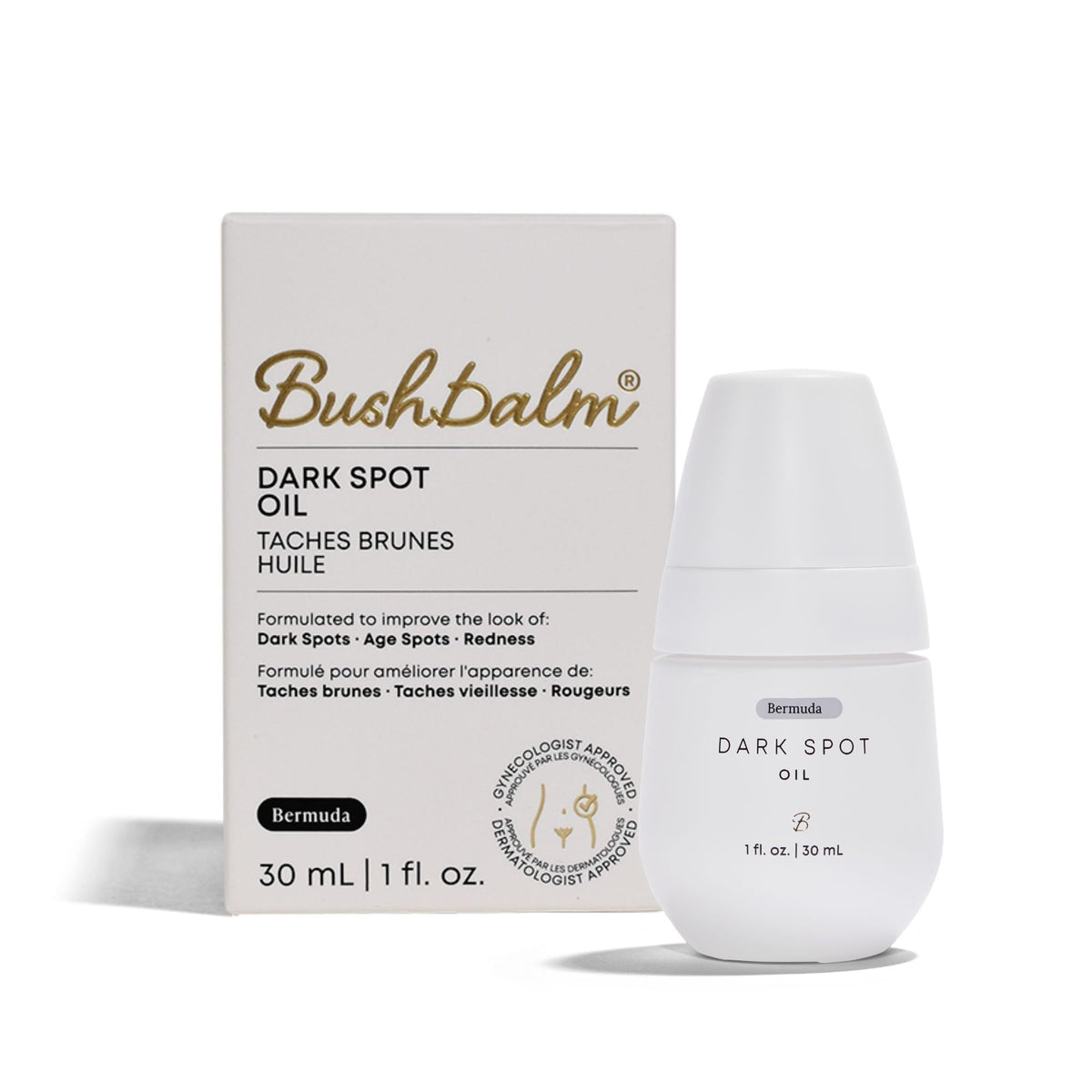 Bushbalm Bermuda Oil, botella visible, textura suave para la piel.