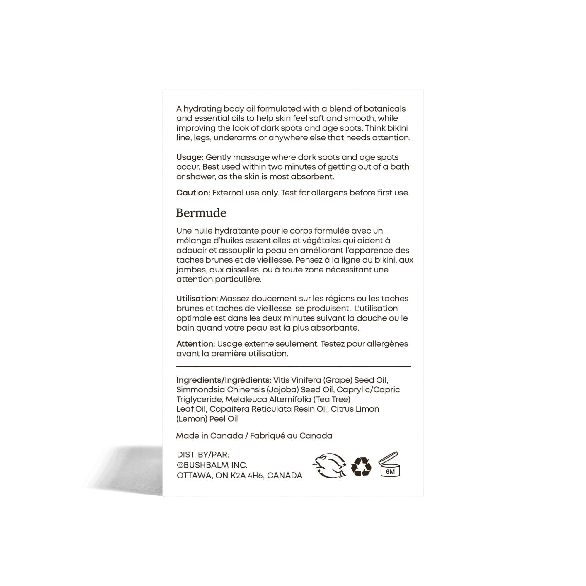 Bushbalm Bermuda Oil, envase sostenible y cruelty-free, compra consciente.