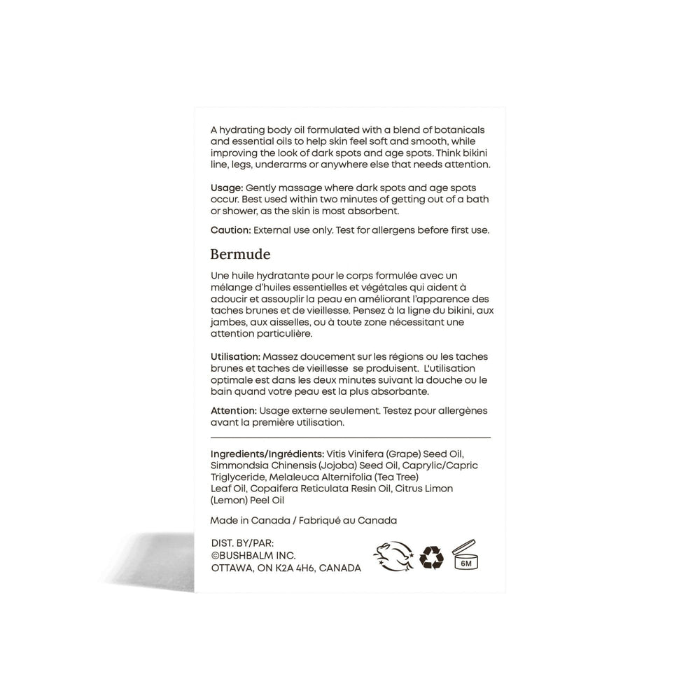 Bushbalm Bermuda Oil, envase sostenible y cruelty-free, compra consciente.