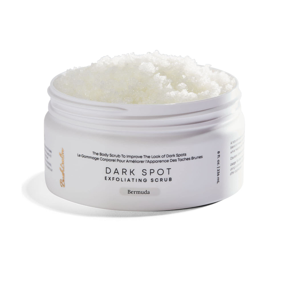 Bushbalm Bermuda Exfoliante: frasco del producto para exfoliar el cuerpo y preparar la piel.