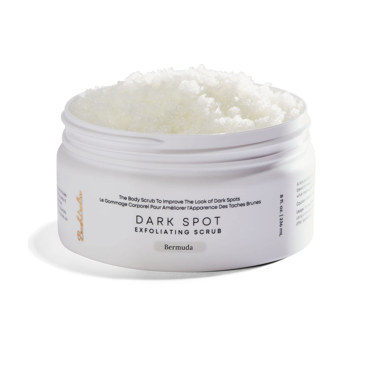 Bushbalm Bermuda Exfoliante: frasco del producto para exfoliar el cuerpo y preparar la piel.