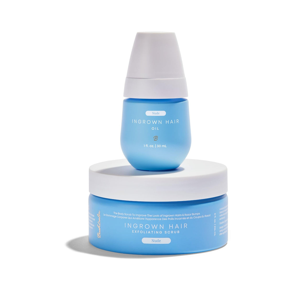 Bushbalm Nude aceite para vellos encarnados, botella de 30 ml, hidratación suave.