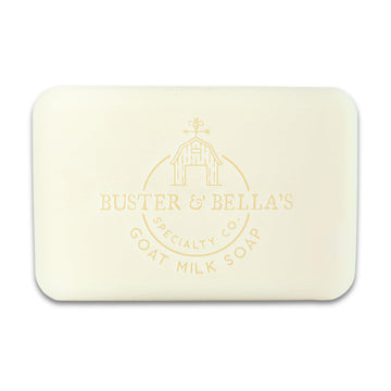 Buster & Bella's Unscented Goat Milk Soap on vanity, cruelty-free care for daily routines.