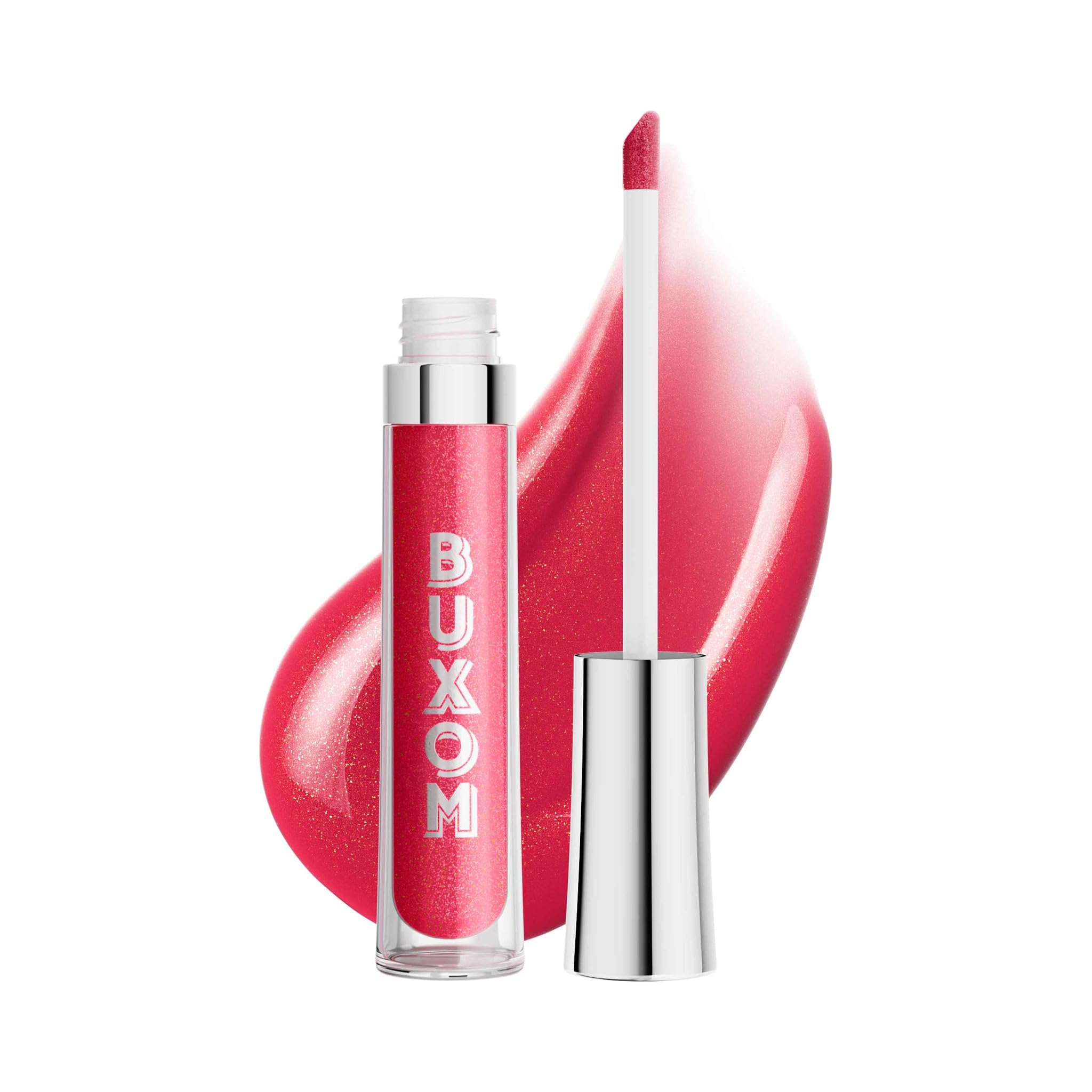 BUXOM Full-On Brillo Labial rosa frambuesa con brillo dorado realza labios.