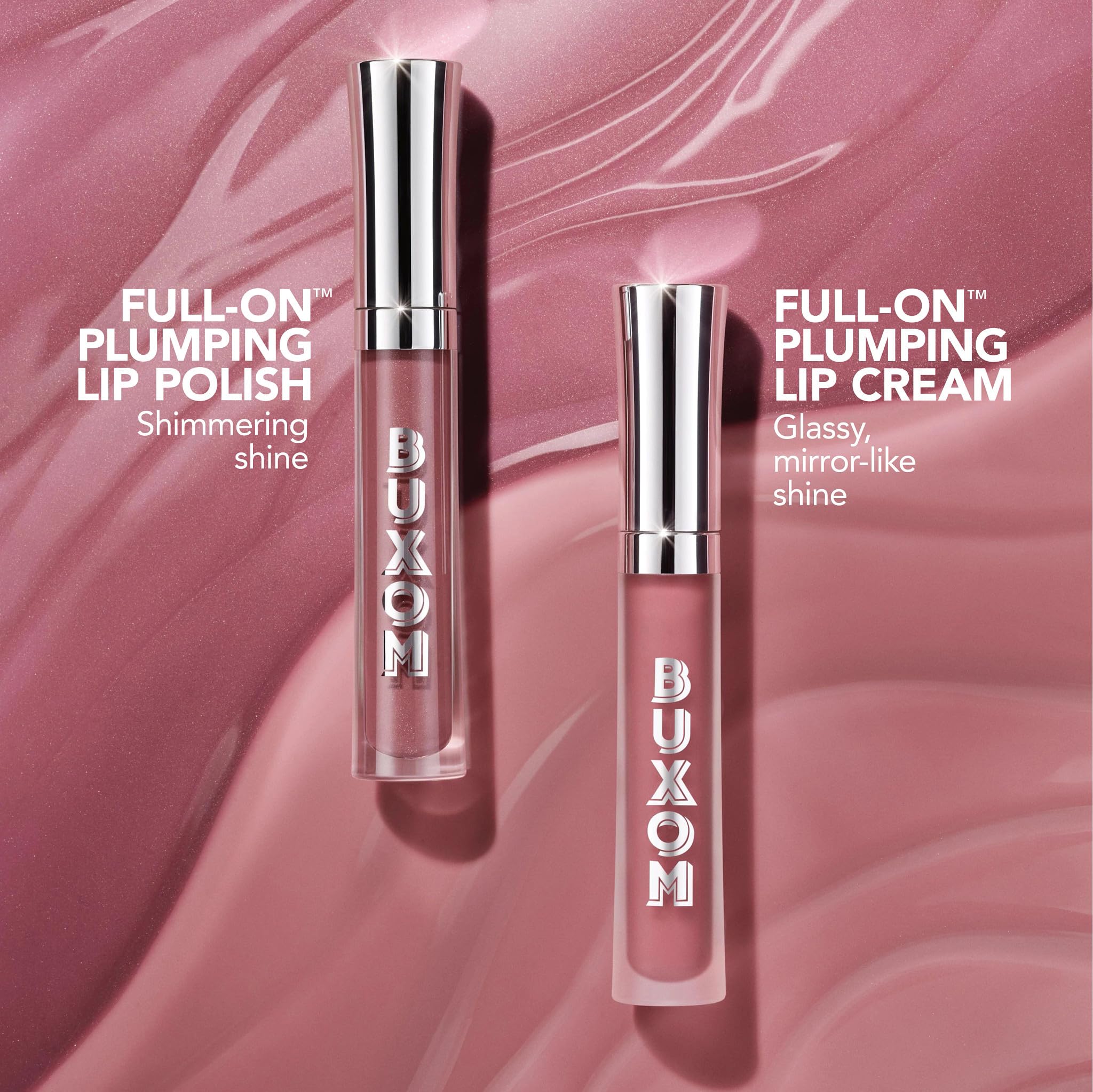 Buxom Full-On Pink Lady, detalle de brillo intenso en labios