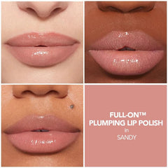 BUXOM Full-On Lip Polish AR Sandy aplicado para acabado nude rosado con brillo perlado