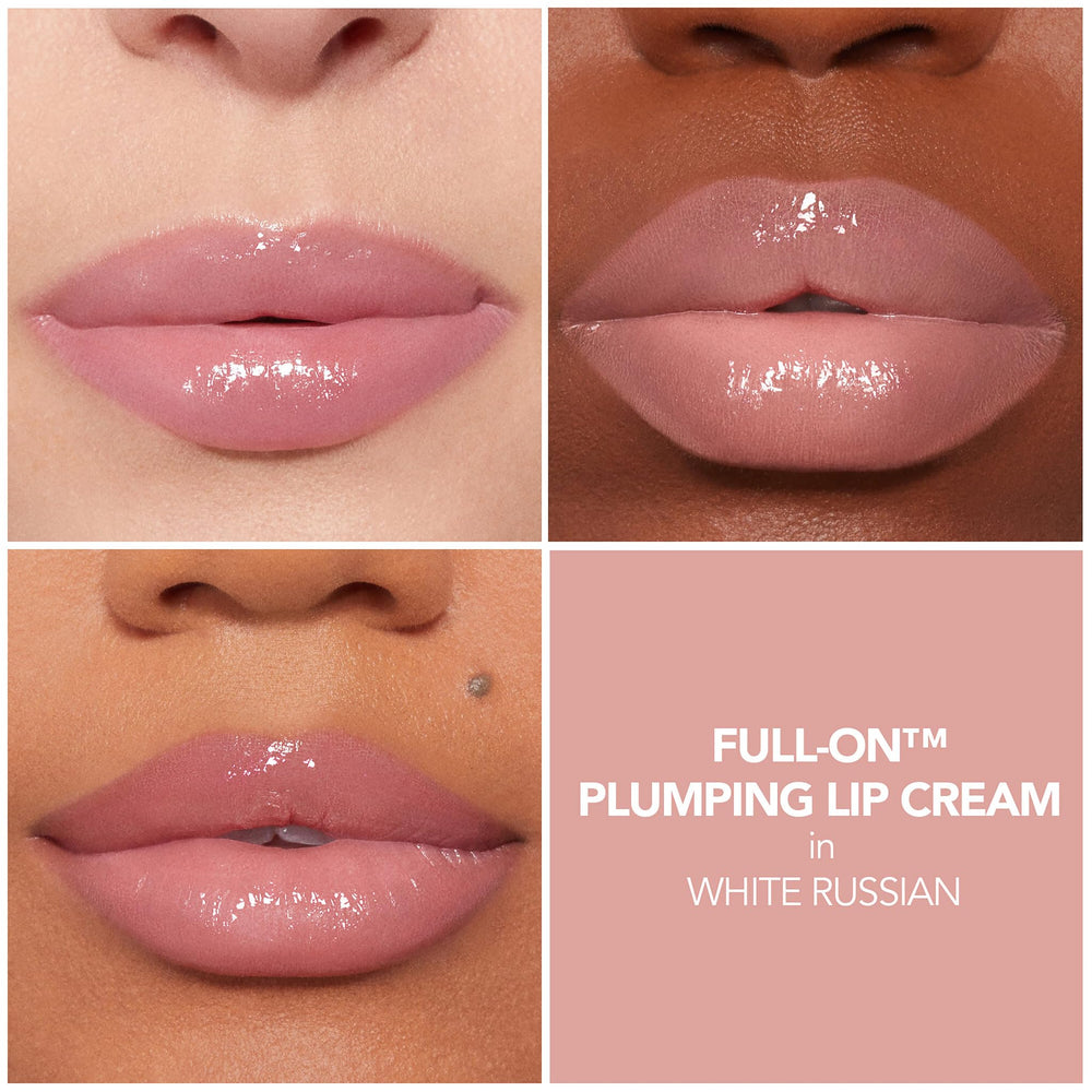 Buxom Full-On Plumping Lip Cream White Russian mini shows tingling gloss on lips.