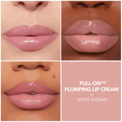 Buxom Full-On Plumping Lip Cream White Russian mini shows tingling gloss on lips.