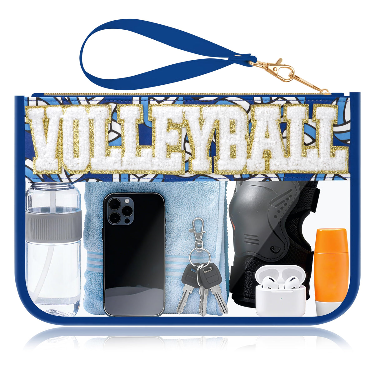 BuyCard bolsa de maquillaje volleyball con parches chenille, ideal para cosméticos.