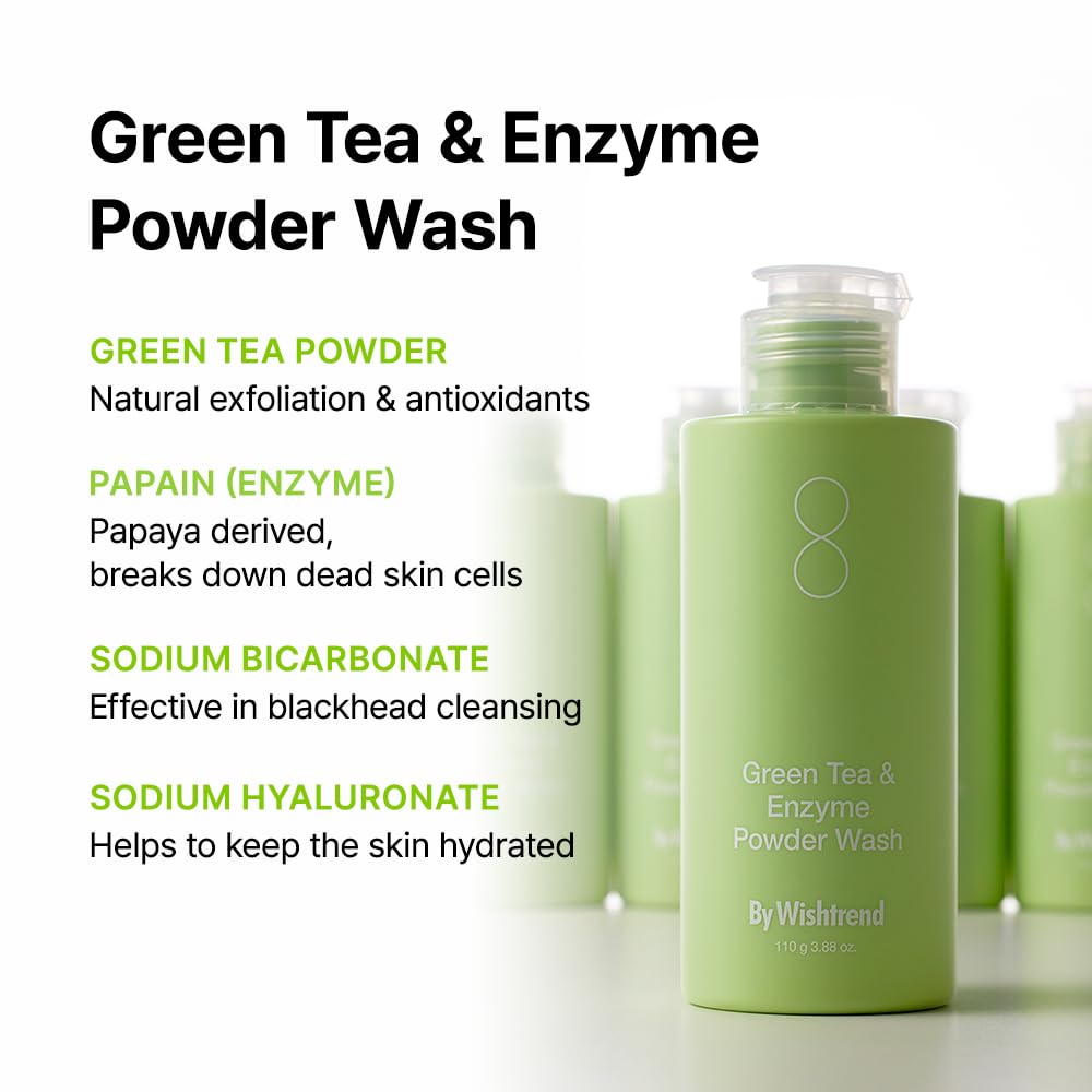 Exfoliacion suave para renovar la piel con lavado en polvo de té verde con enzimas.