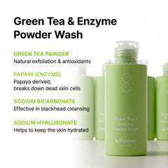 Exfoliacion suave para renovar la piel con lavado en polvo de té verde con enzimas.