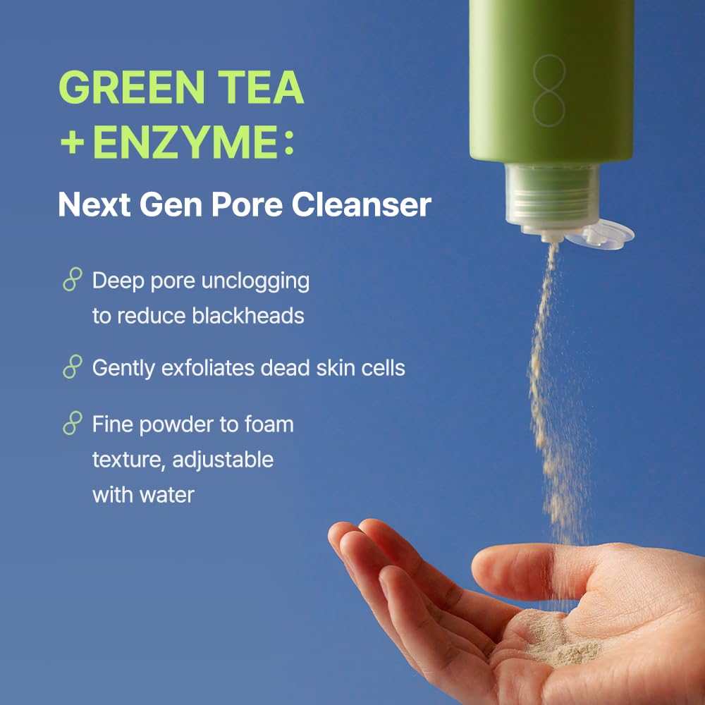 Ingredientes verdes: té verde y enzimas para cuidado suave de la piel.