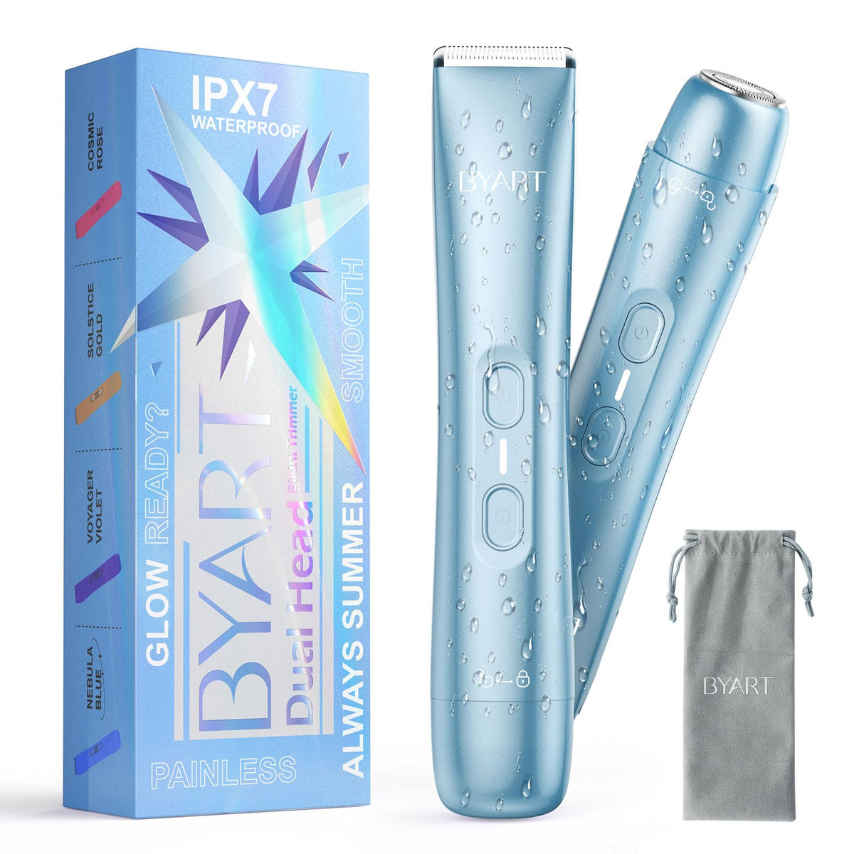 BYART Afeitadora dual cabezal para mujer, vista frontal en azul, diseño compacto para viajar.