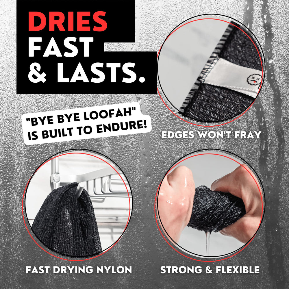 Bye Bye Loofah durabilité couture noir gris, construction robuste et seche rapidement