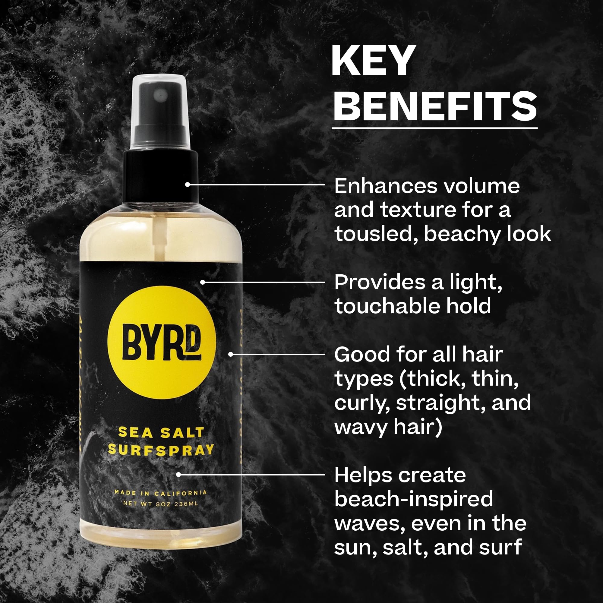 BYRD Hairdo Sea Salt Surfspray manos aplicando para peinado fácil