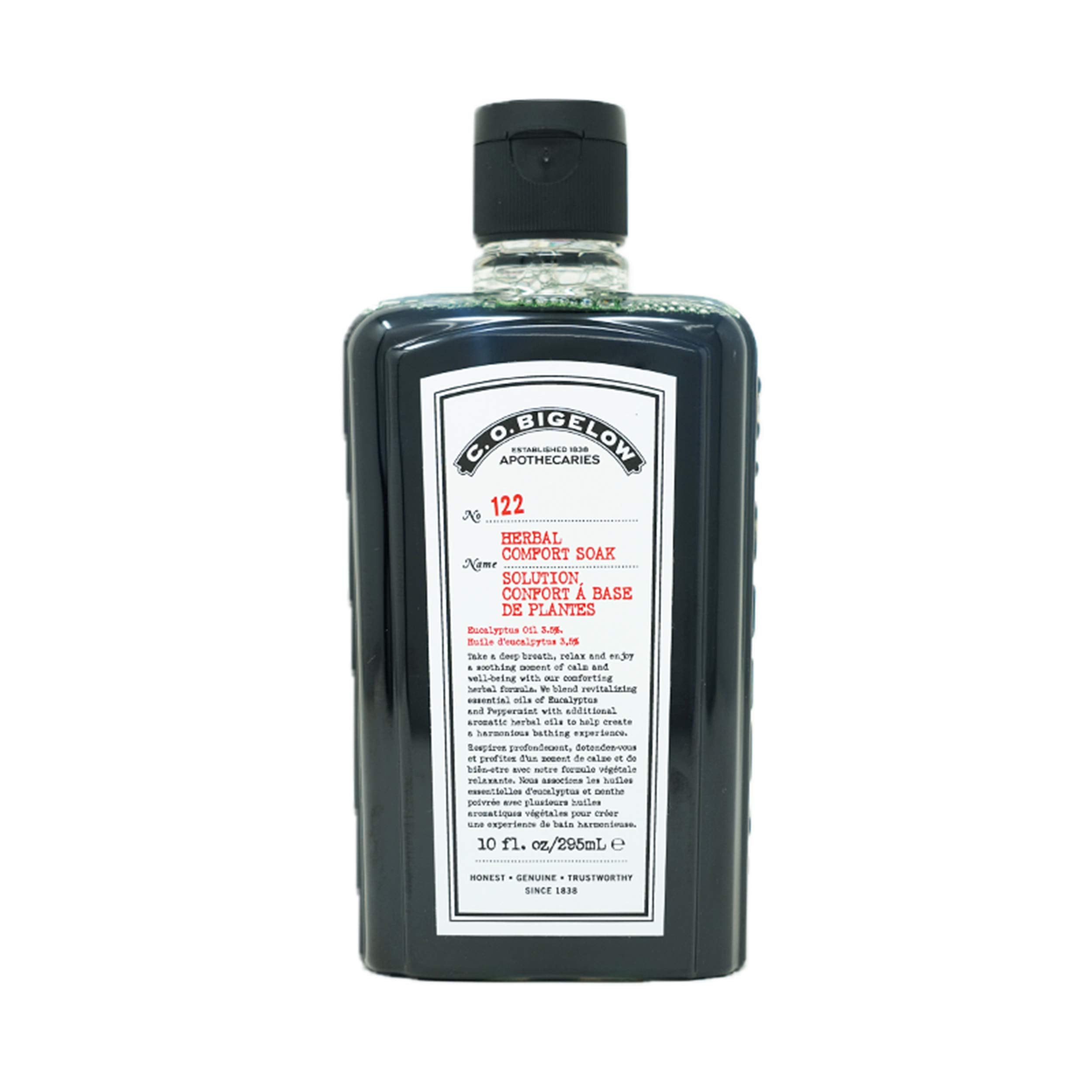 Botella de C.O. Bigelow baño de hierbas reconfortante para una relajación de spa en casa.