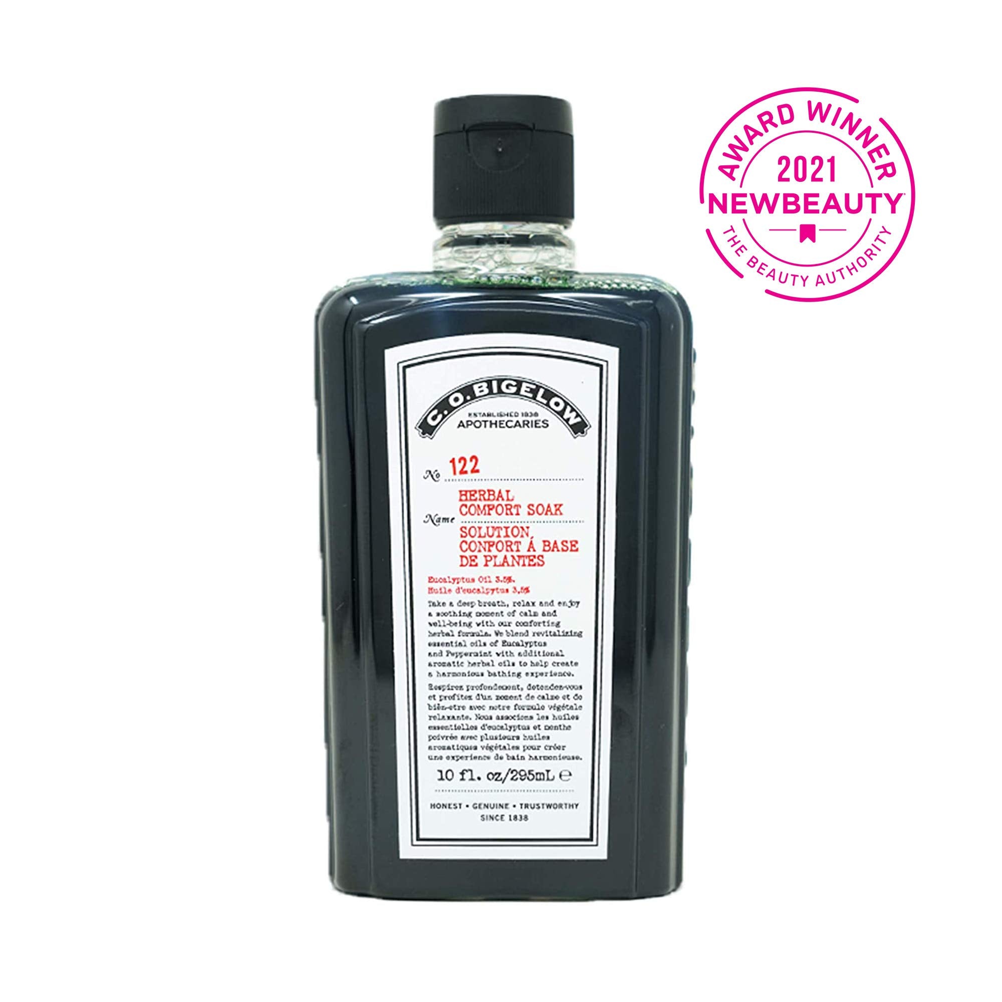 Etiqueta de C.O. Bigelow baño de hierbas reconfortante con ingredientes naturales.