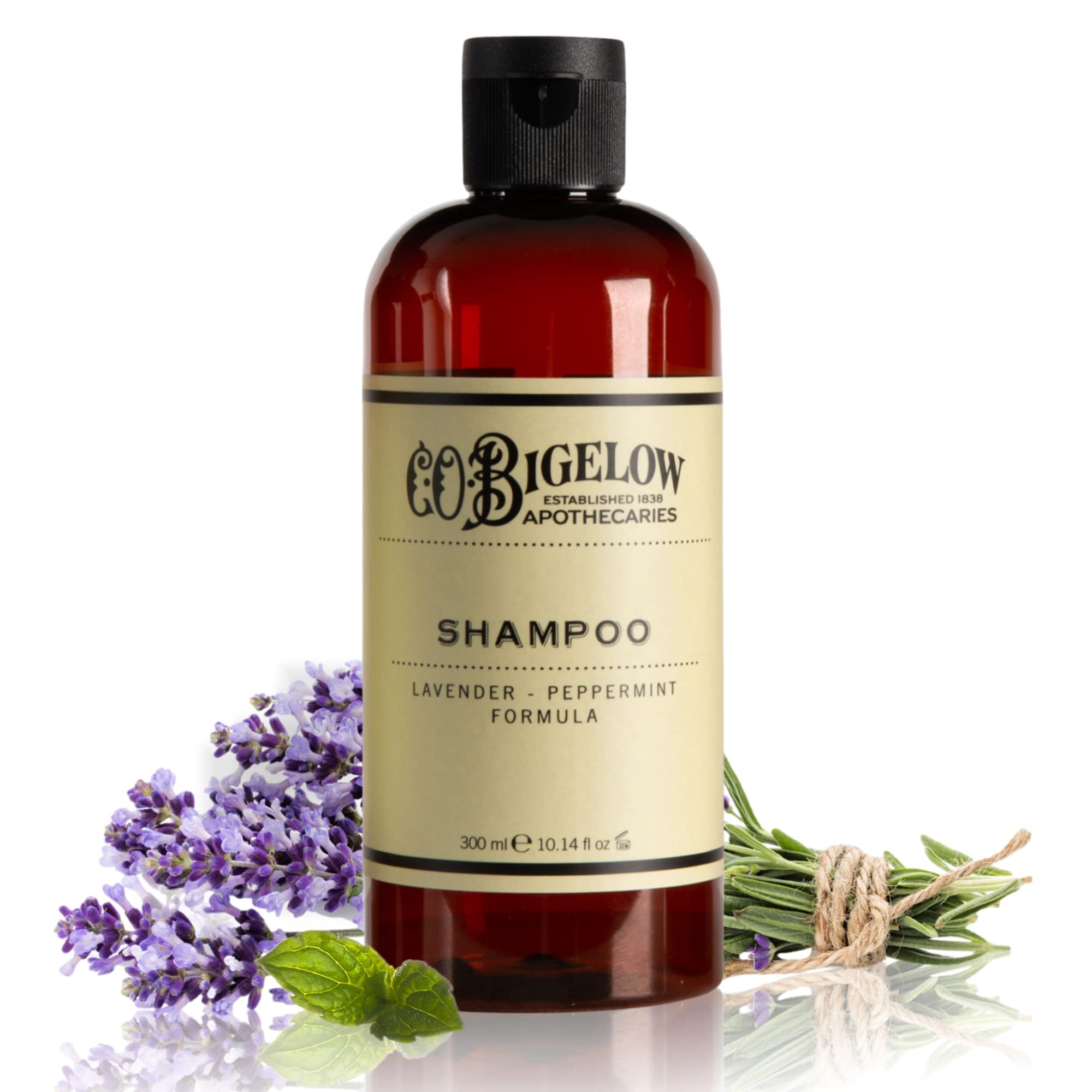 Champú C.O. Bigelow Lavanda Menta en botella, limpieza suave y profunda.