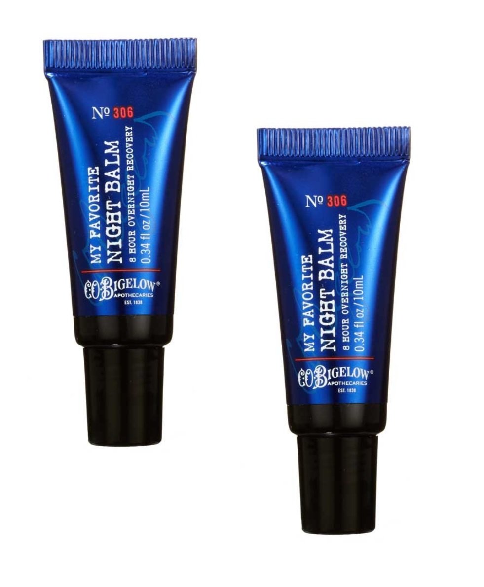 C.O. Bigelow night balm tube close-up for overnight hydration with shea butter.