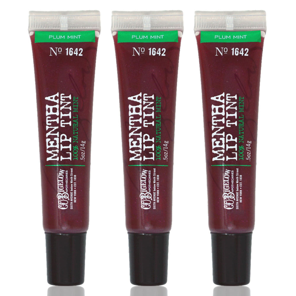 Tres tubos Plum Mentha Lip Tint de C.O. Bigelow para uso práctico en casa.