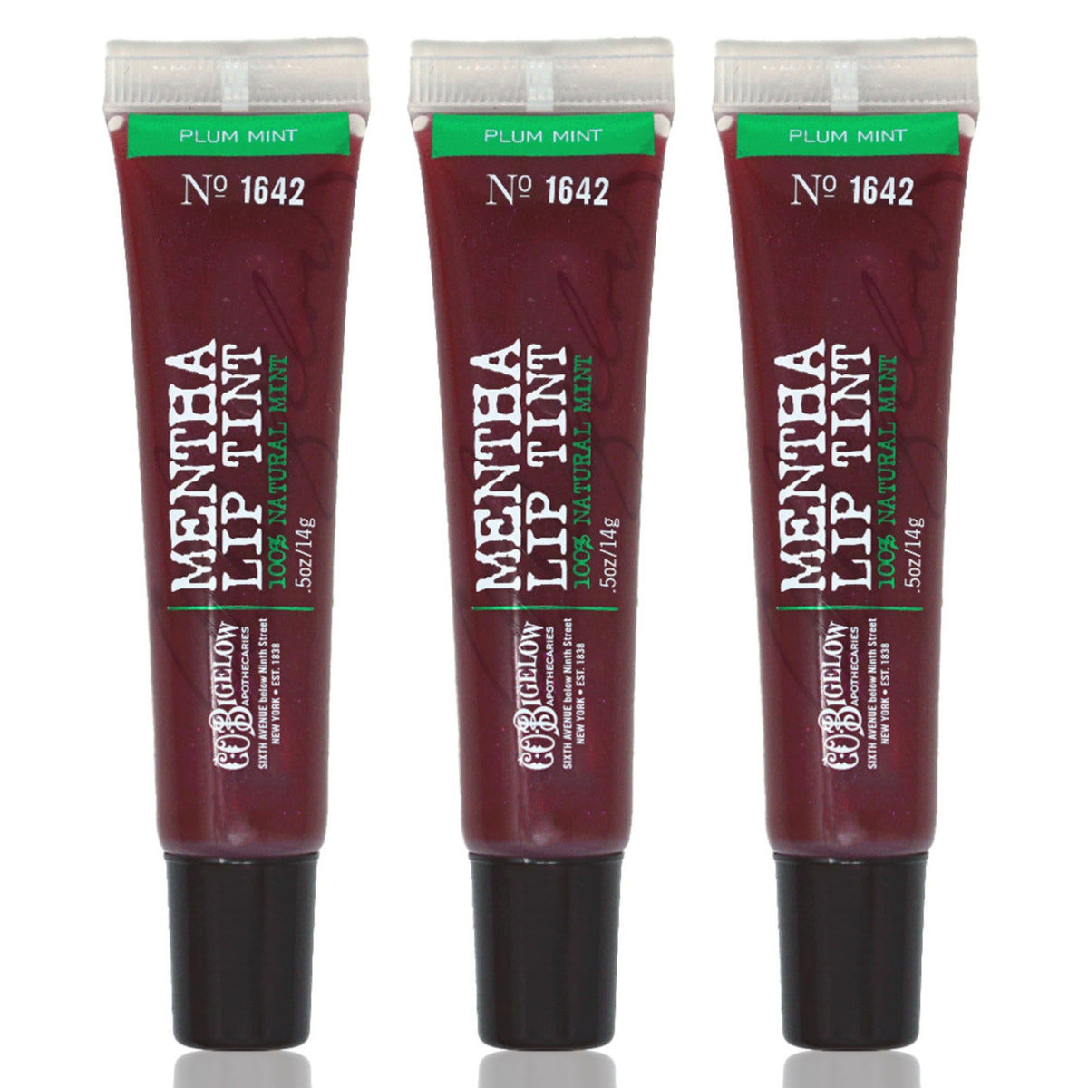 Tres tubos Plum Mentha Lip Tint de C.O. Bigelow para uso práctico en casa.