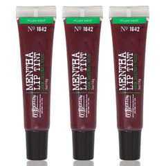 Tres tubos Plum Mentha Lip Tint de C.O. Bigelow para uso práctico en casa.