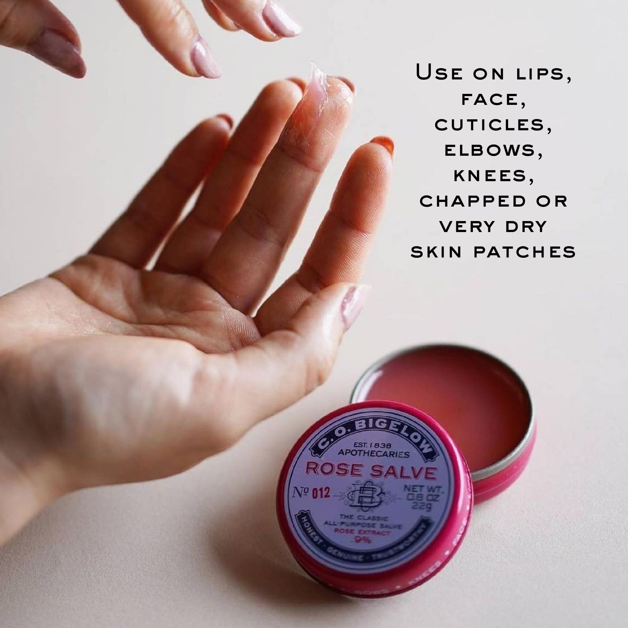 C.O. Bigelow Rose Salve Tin trio in a compact travel kit.