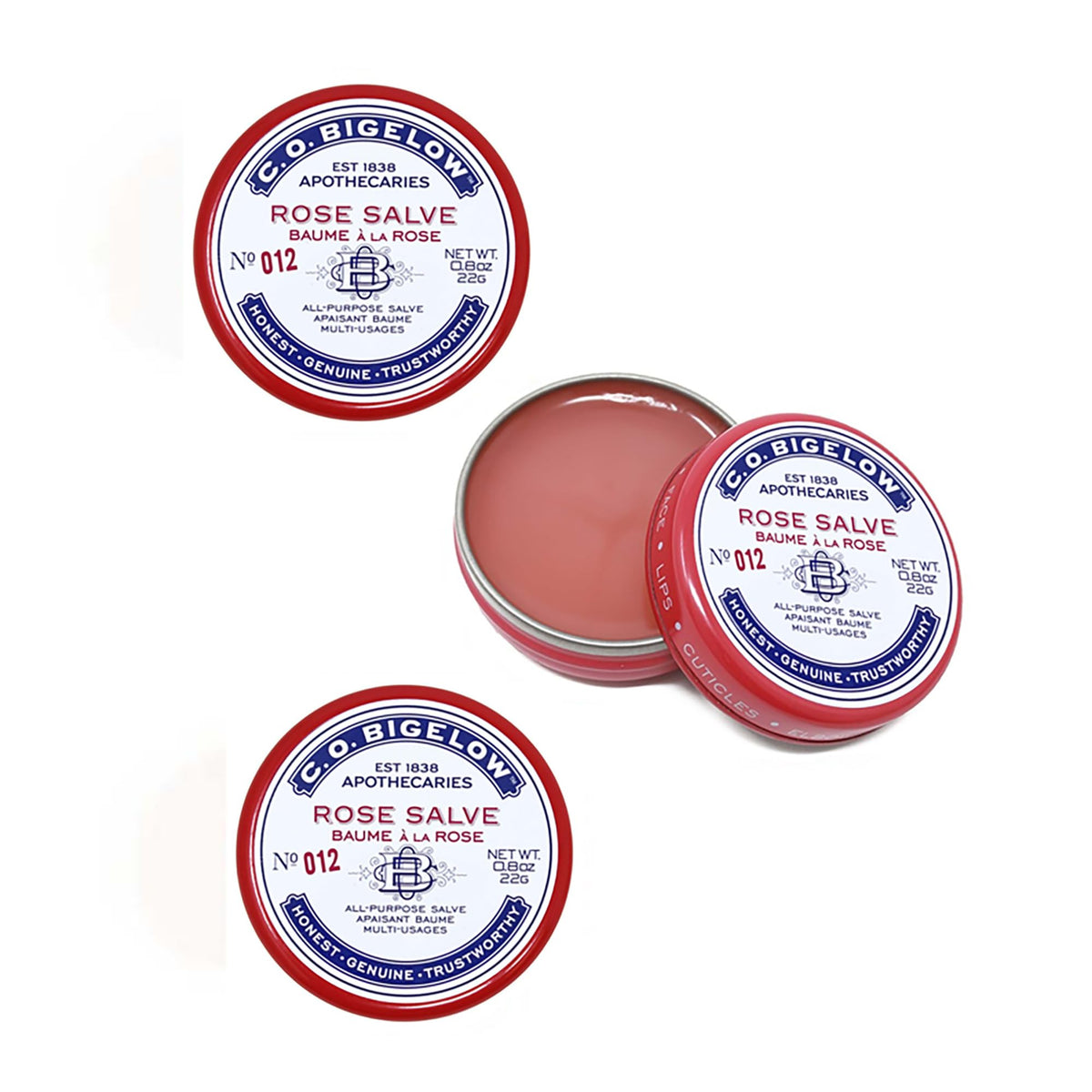 C.O. Bigelow Rose Salve Tin front view for all-purpose hydration.