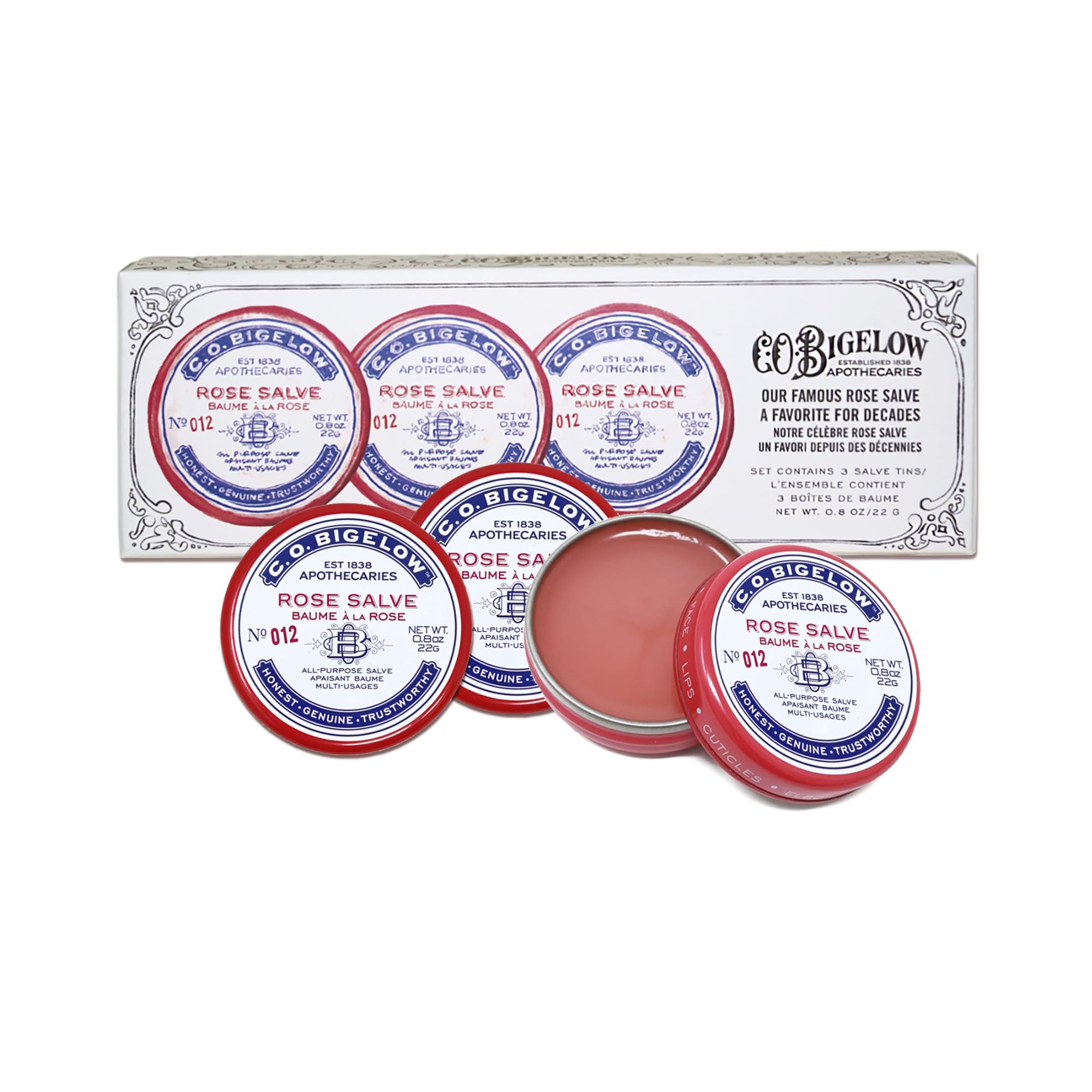 Open tin reveals rose-scented balm for lips and dry skin.