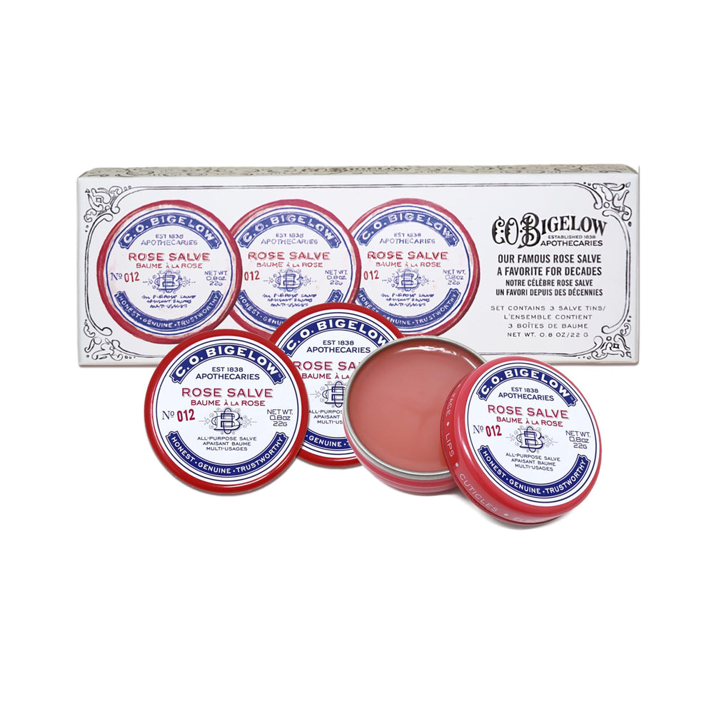 Open tin reveals rose-scented balm for lips and dry skin.