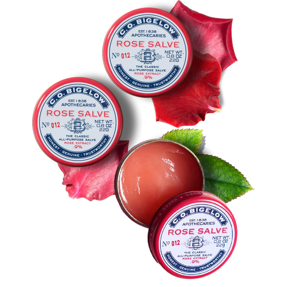 C.O. Bigelow Rose Salve travel-friendly tins for on-the-go care.