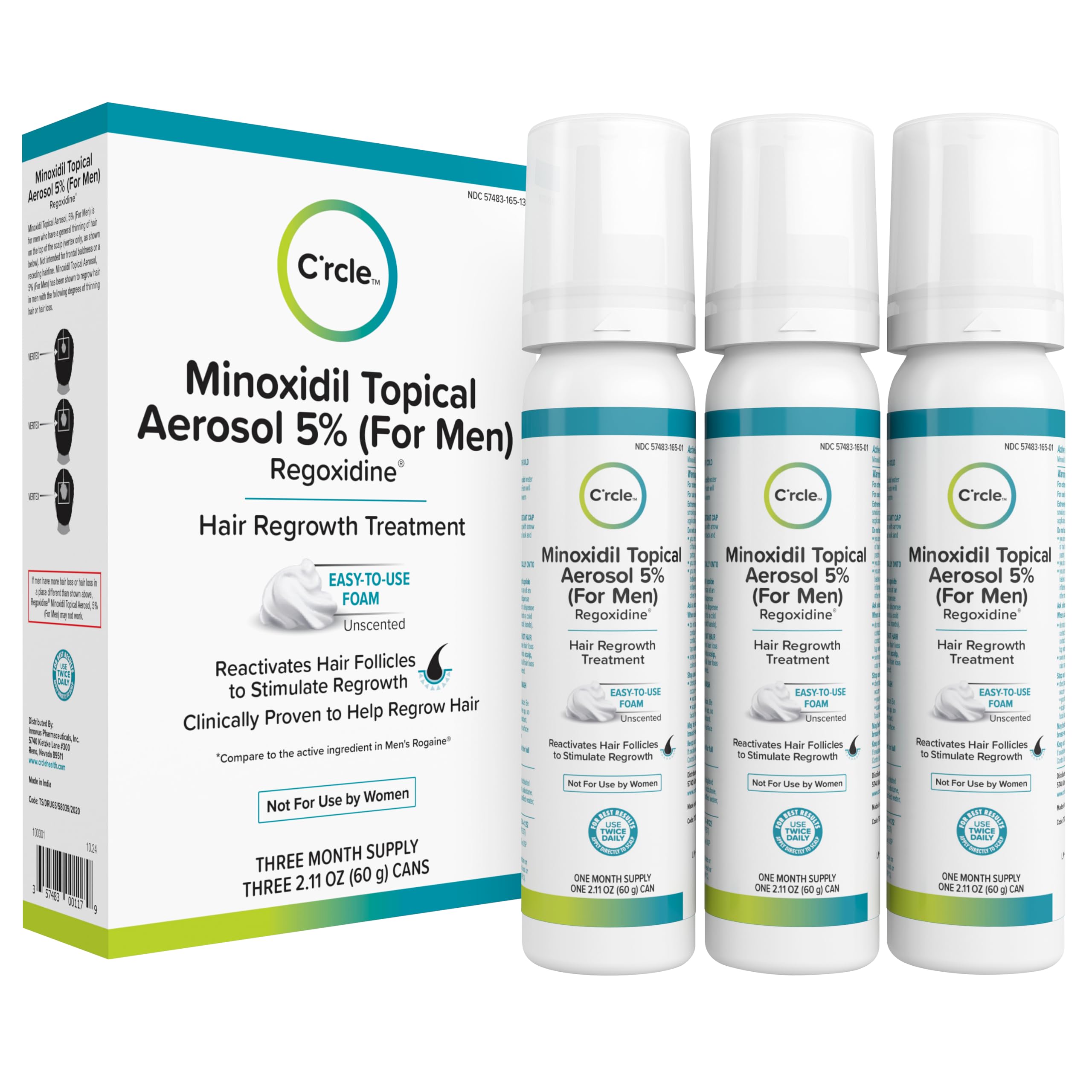 C'rcle Minoxidil Foam 5% para hombres, envase compacto para uso diario.