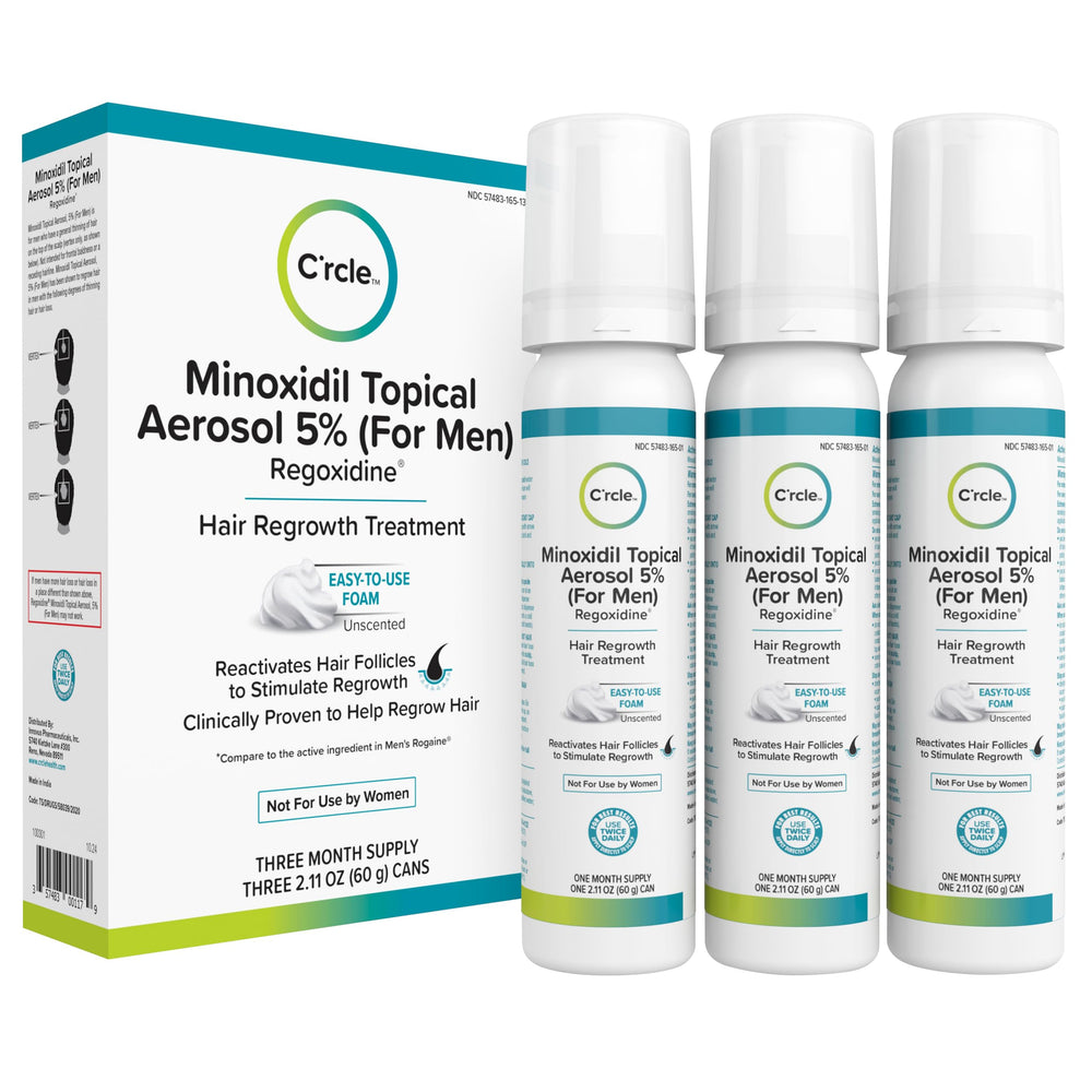 C'rcle Minoxidil Foam 5% para hombres, envase compacto para uso diario.