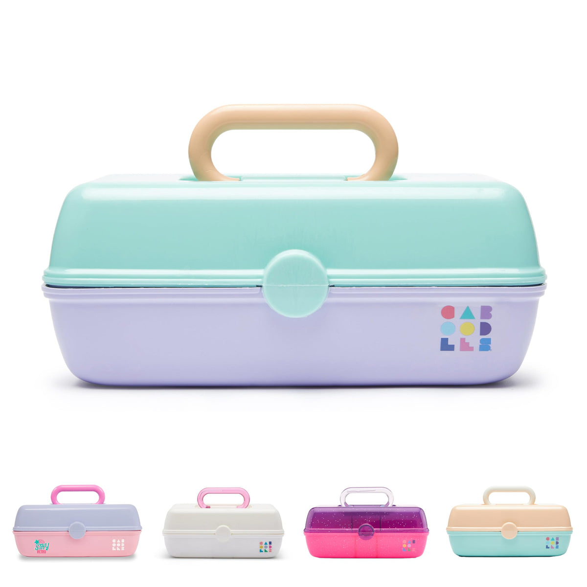 Estuche cosmético duro de Caboodles vista frontal en dos tonos marino y lavanda