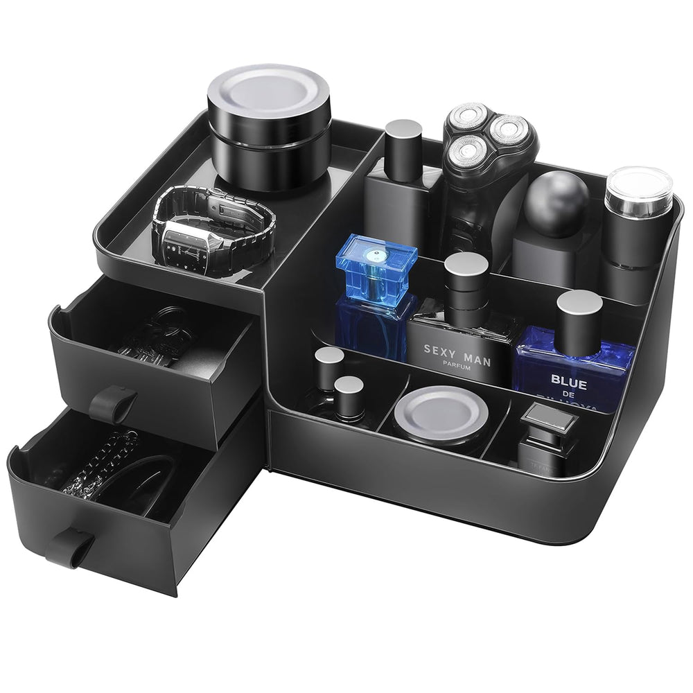 CADRSLES organizador de colonias para hombre, vista frontal con compartimentos organizados.