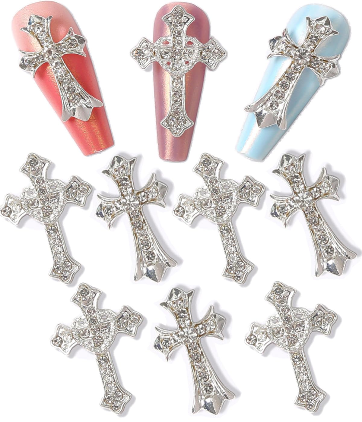 Cagzzee cruz 3D con cristal plateado para uñas; brillo duradero.