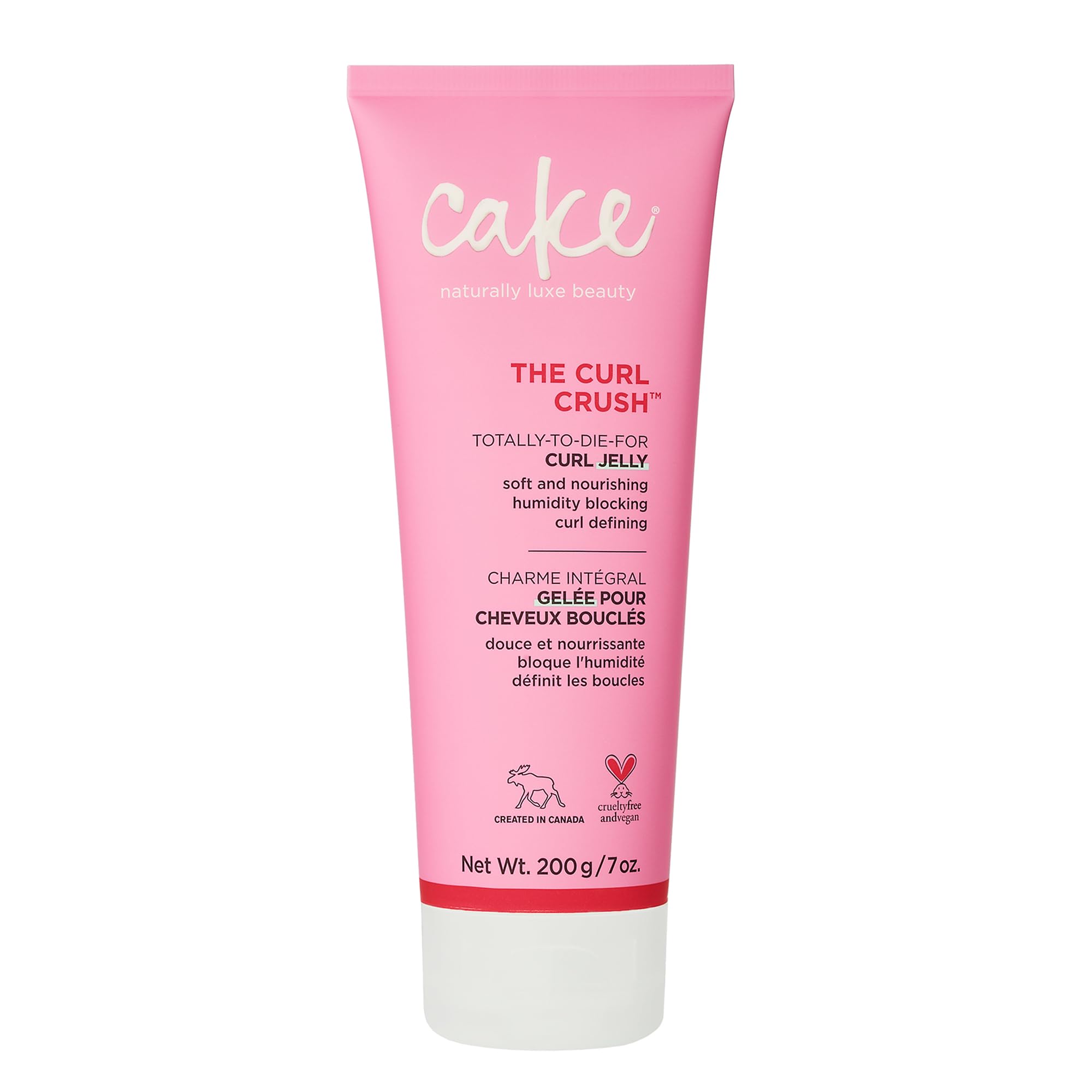 Cake Beauty Curl Jelly, botella y aplicación suave para rizos definidos y brillantes.