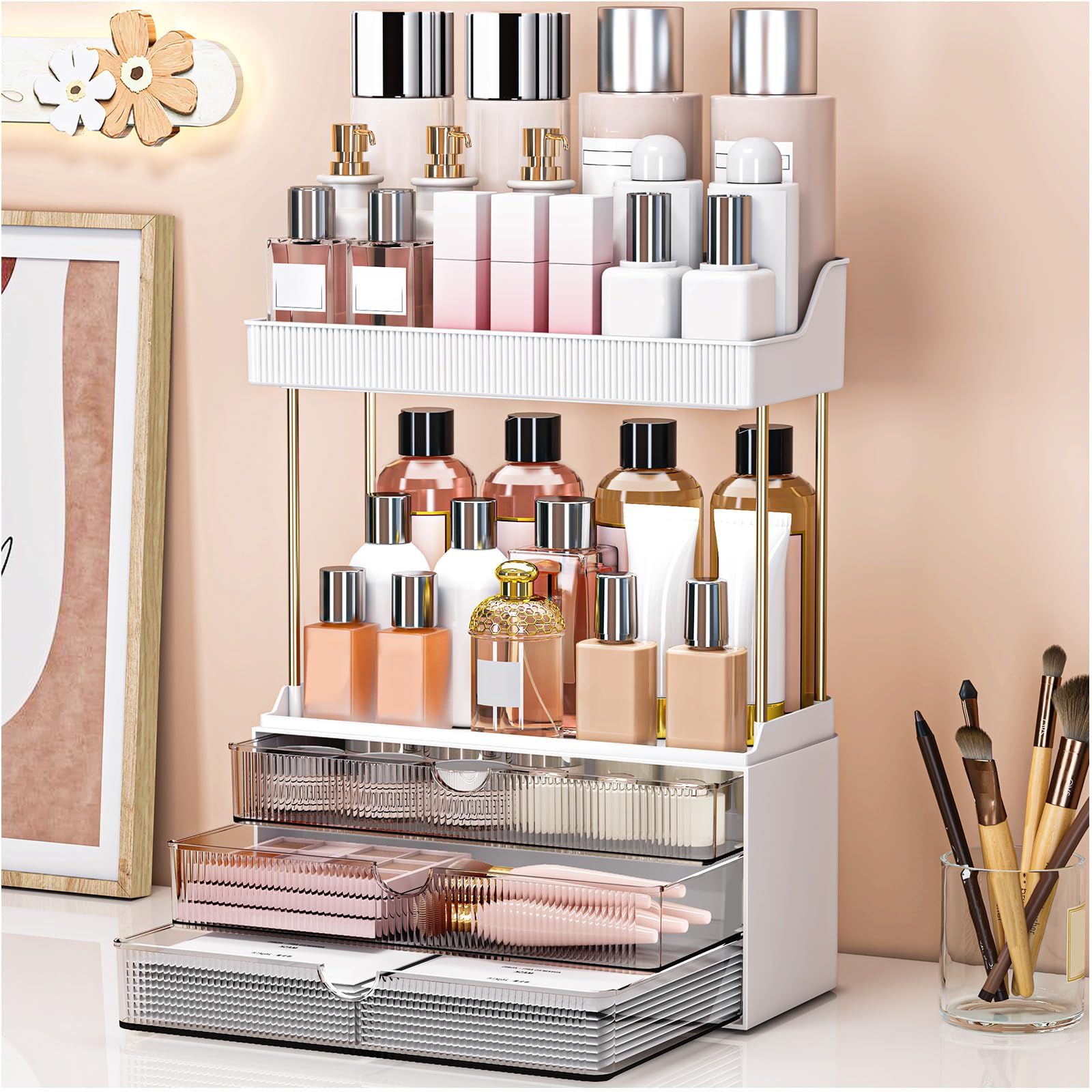 El organizador caktraie para baño con 3 cajones y 2 niveles mantiene cosméticos ordenados.