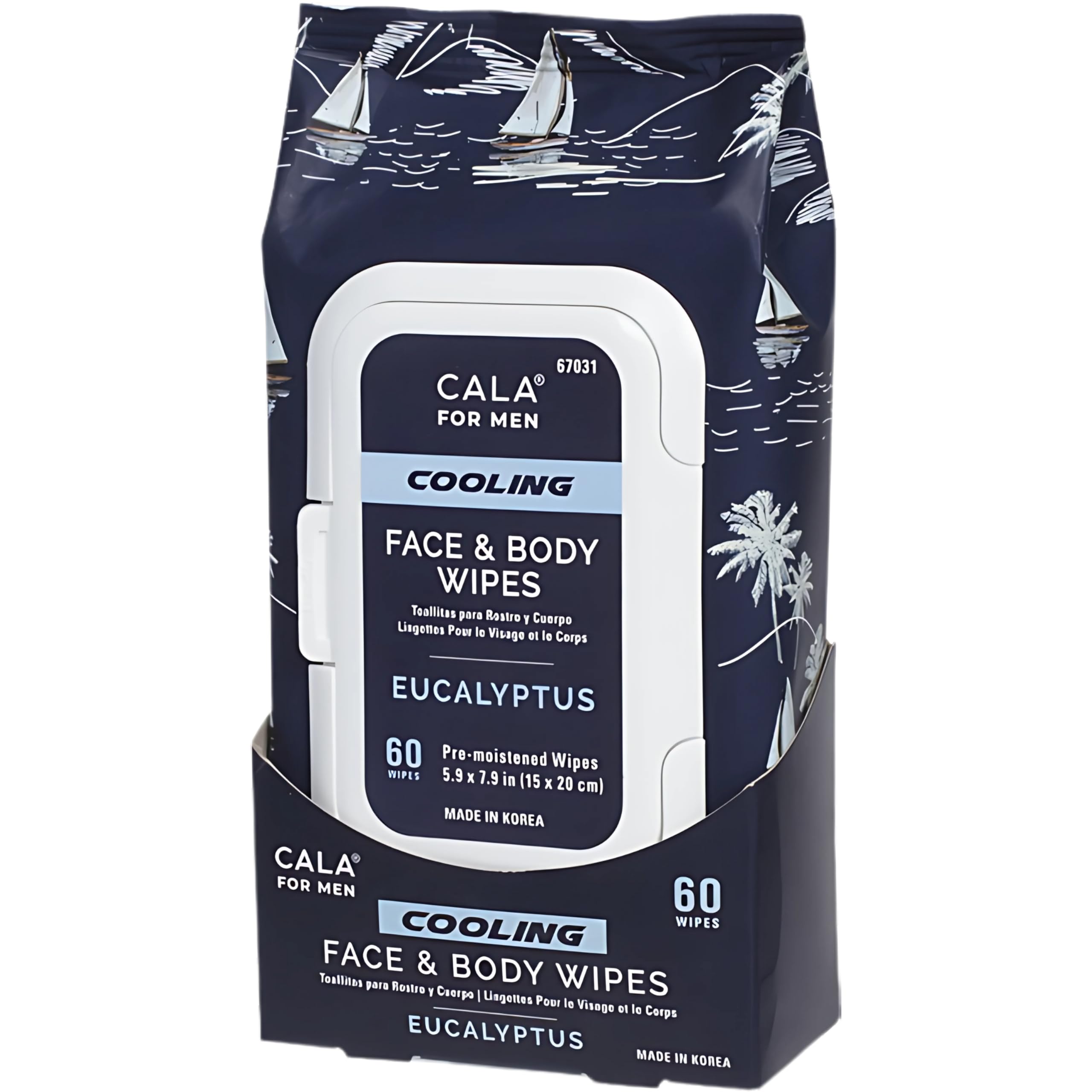 Toallitas CALA para hombres con efecto refrescante de eucalipto para rostro y cuerpo tras ejercicio.