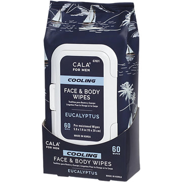 Toallitas CALA para hombres con efecto refrescante de eucalipto para rostro y cuerpo tras ejercicio.