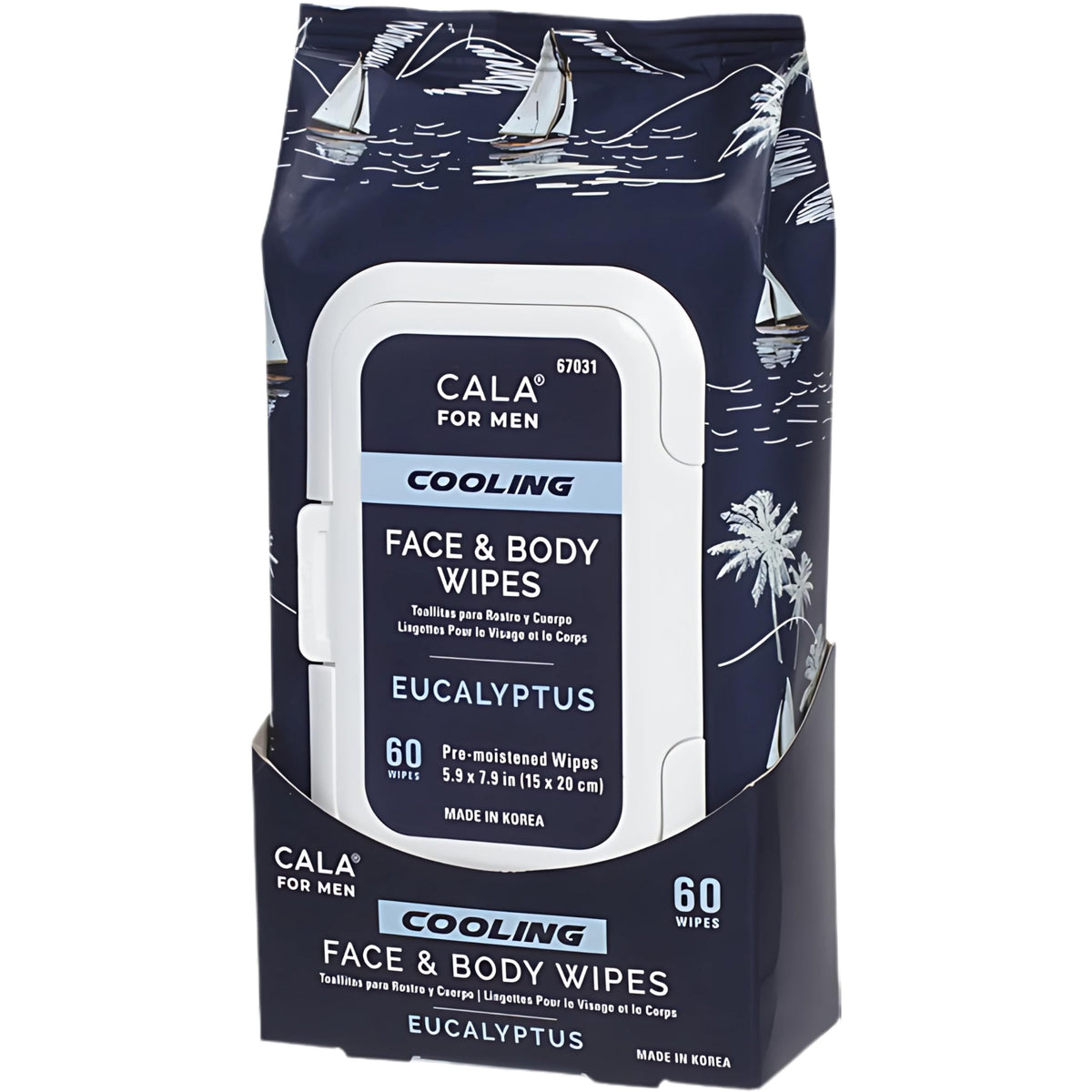 Toallitas CALA para hombres con efecto refrescante de eucalipto para rostro y cuerpo tras ejercicio.