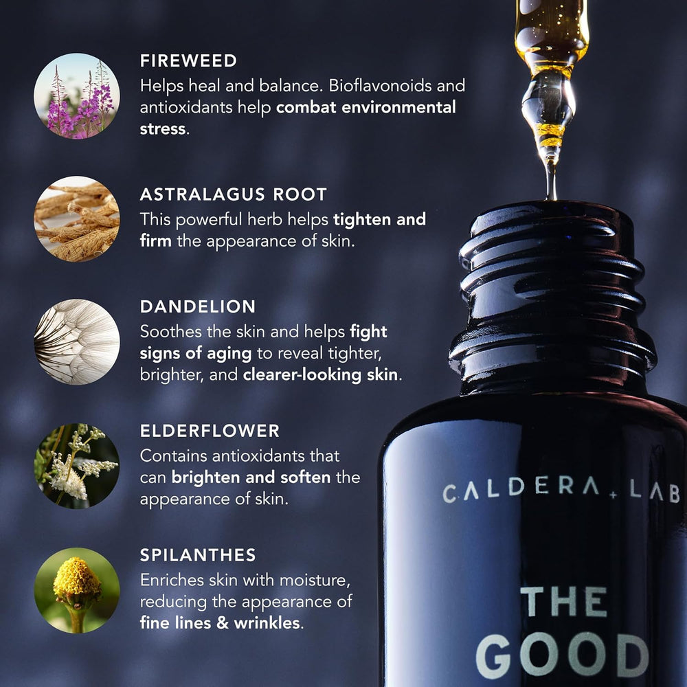 Caldera + Lab Régimen Rico ingredientes clave, antioxidantes y hidratación para la piel.