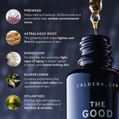 Caldera + Lab Régimen Rico ingredientes clave, antioxidantes y hidratación para la piel.
