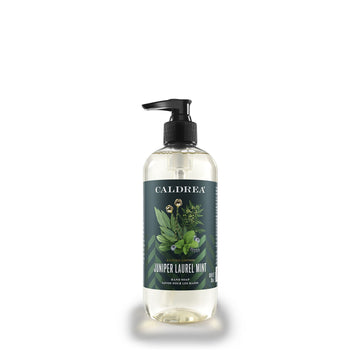 Caldrea hand soap bottle showing aloe, olive oil, and mint aroma for gentle cleansing.