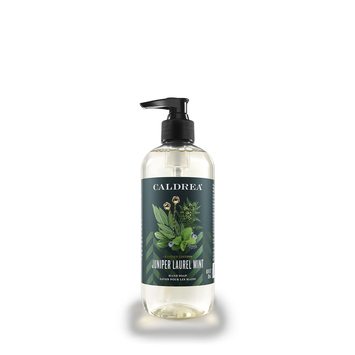 Caldrea hand soap bottle showing aloe, olive oil, and mint aroma for gentle cleansing.