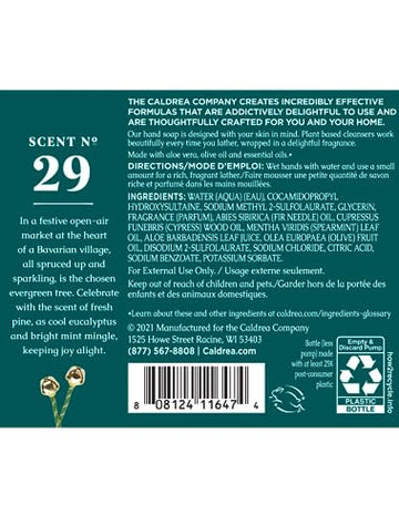 Caldrea label close-up highlighting juniper laurel mint scent and nourishing ingredients.